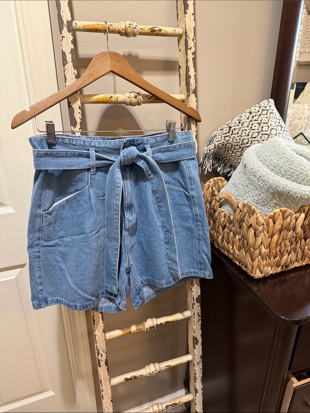 High-Rise Light Blue Tie-Belt Denim Shorts for Women